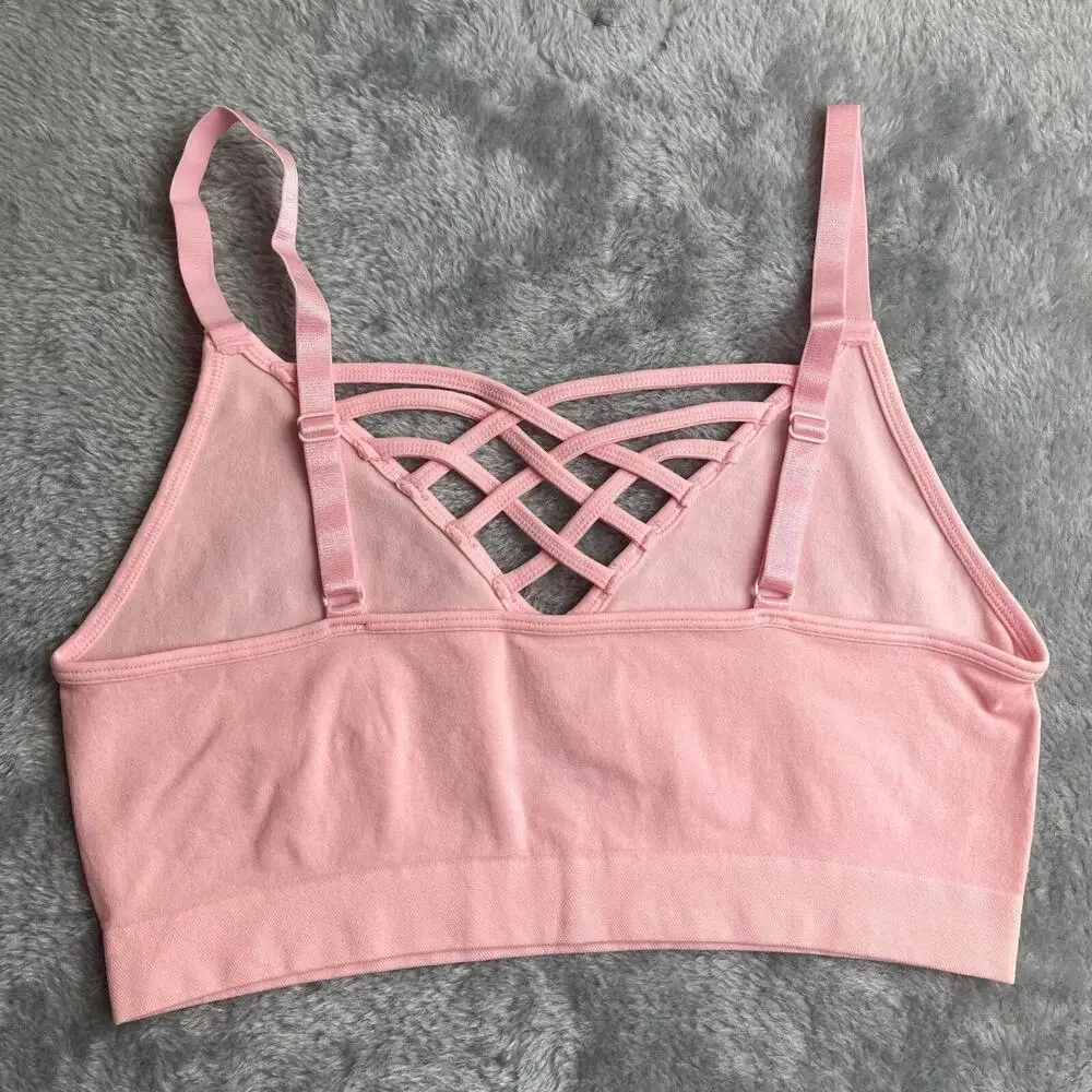Women's Front V-Lattice Bralette Adjustable‎ Straps NOT PADDED Dusty Pink S/M